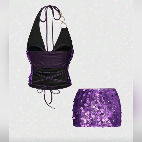 ROMWE Vintage Y2K Sequin Halter Crop Top And Low Waist Mini Skirt 2-Piece Set - Picture 2 of 7